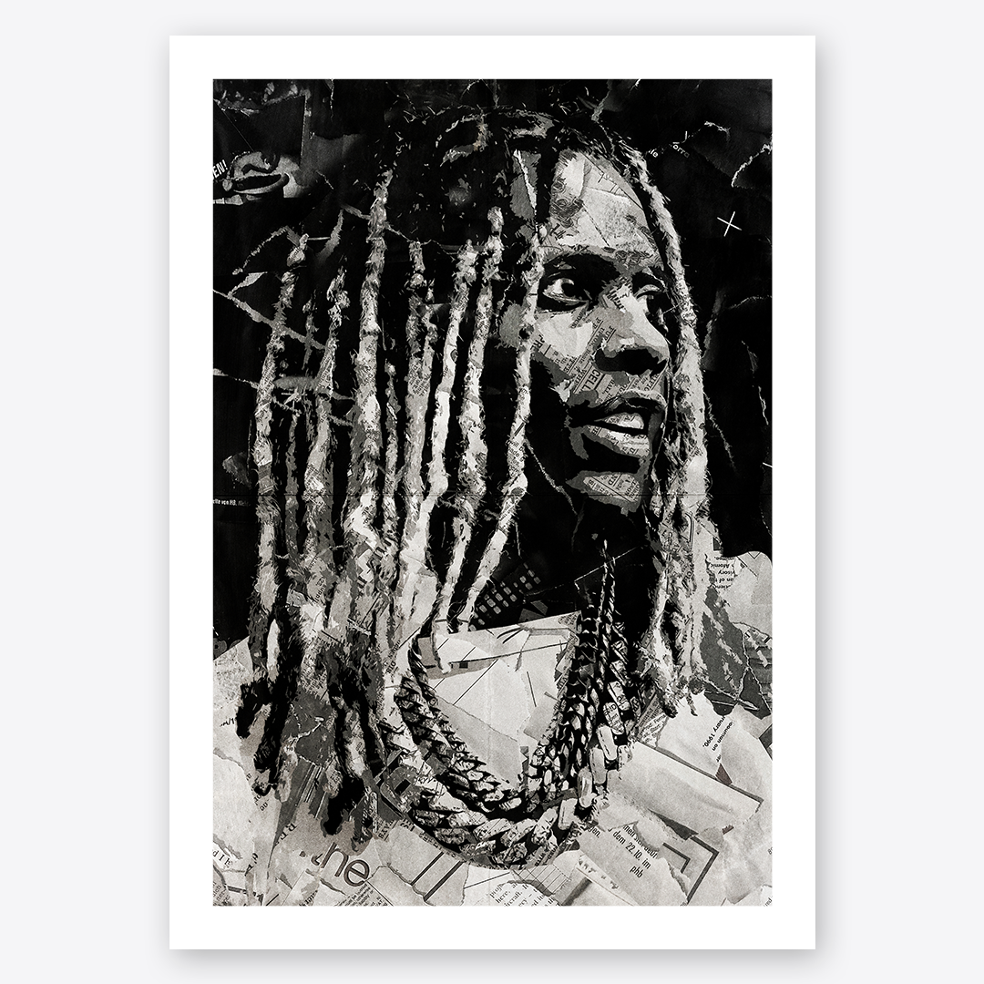A Lil Durk poster design - a portrait of Lil Durk made using a collage of torn pieces of magazine pages in black and white.