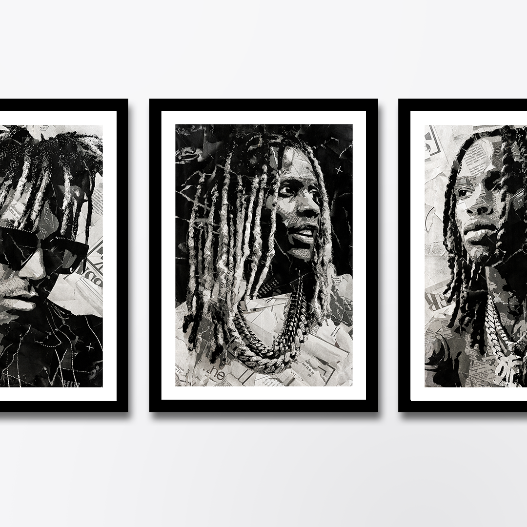 A Lil Durk poster design - a portrait of Lil Durk made using a collage of torn pieces of magazine pages in black and white.
