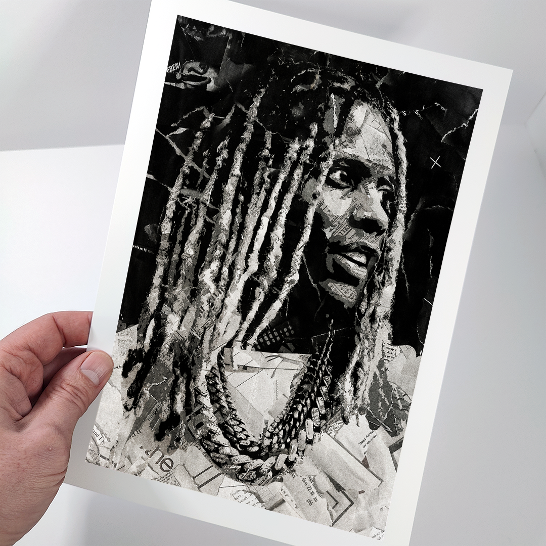 A Lil Durk poster design - a portrait of Lil Durk made using a collage of torn pieces of magazine pages in black and white.