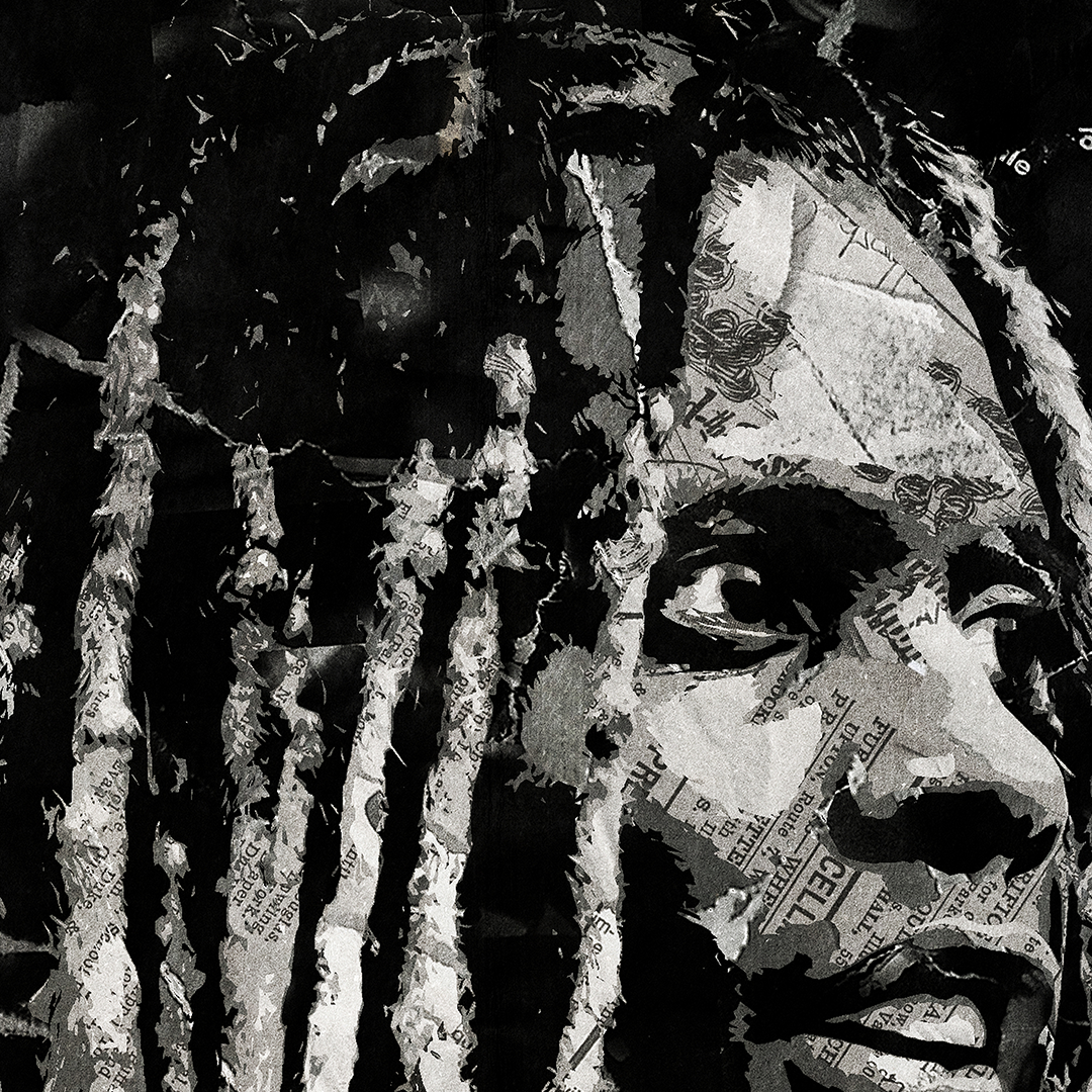 A Lil Durk poster design - a portrait of Lil Durk made using a collage of torn pieces of magazine pages in black and white.