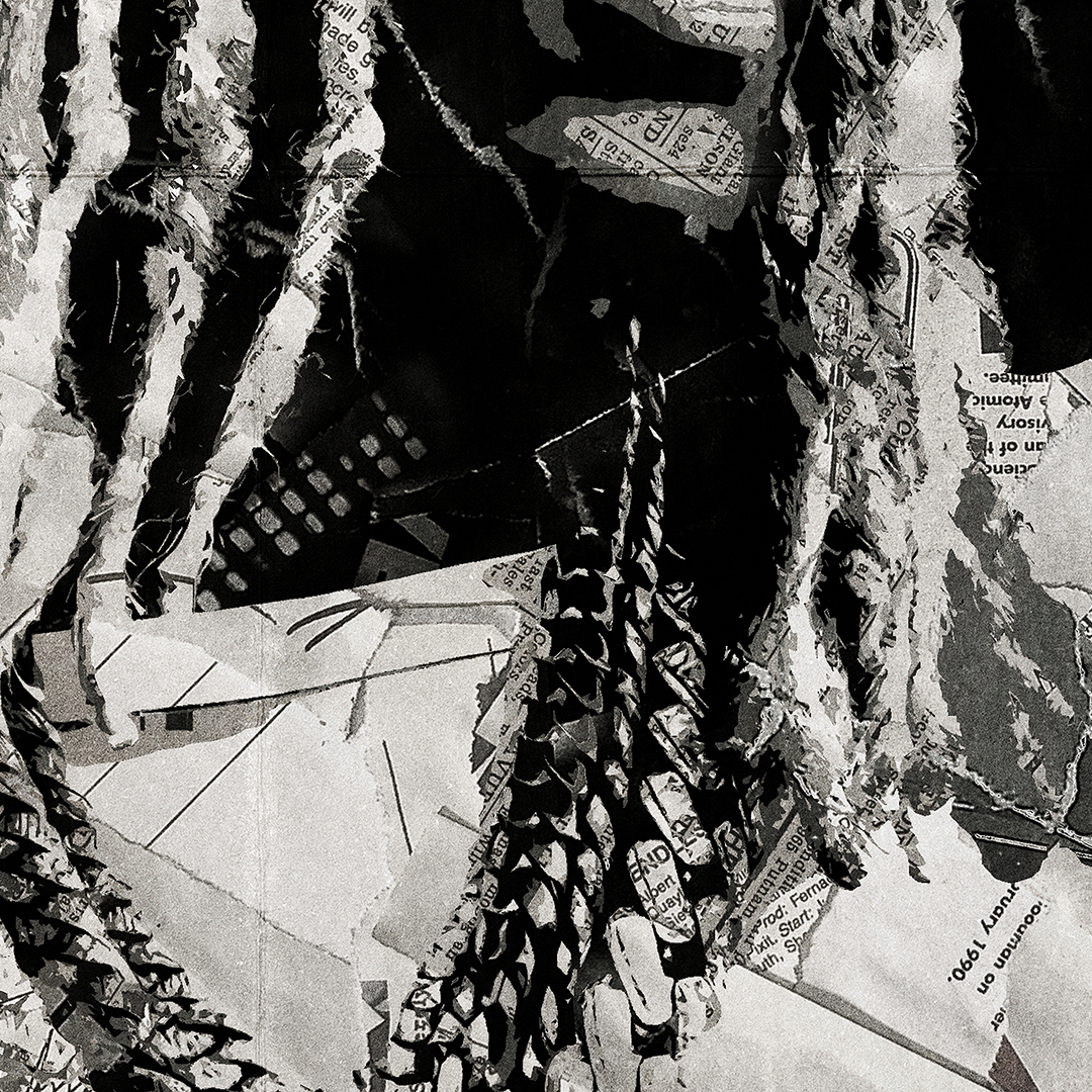 A Lil Durk poster design - a portrait of Lil Durk made using a collage of torn pieces of magazine pages in black and white.