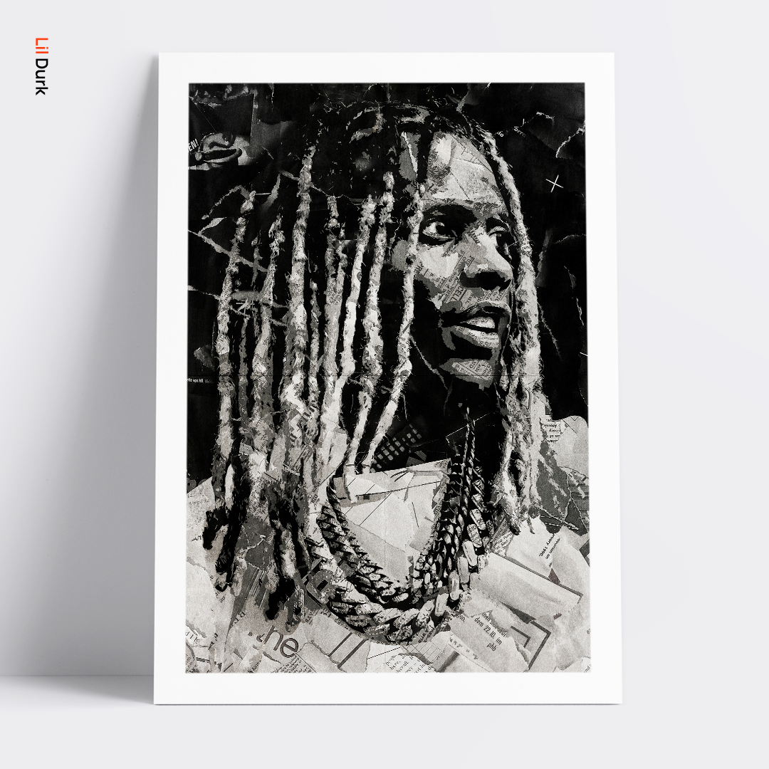 A Lil Durk poster design - a portrait of Lil Durk made using a collage of torn pieces of magazine pages in black and white.