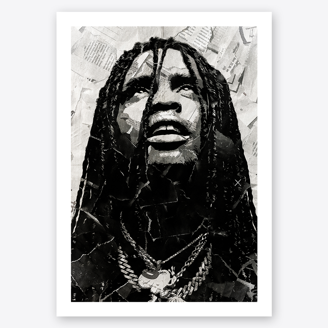 A Chief Keef poster design - a portrait of Chief Keef made using a collage of torn pieces of magazine pages in black and white.