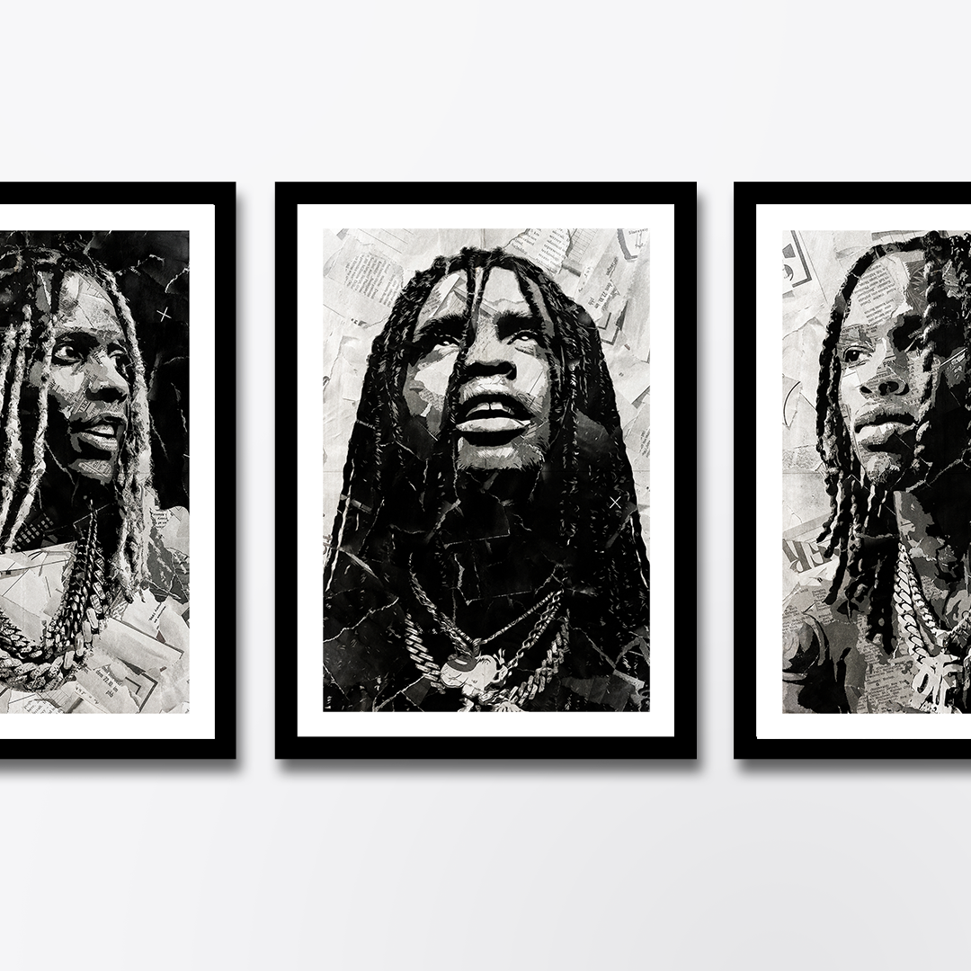 A Chief Keef poster design - a portrait of Chief Keef made using a collage of torn pieces of magazine pages in black and white.