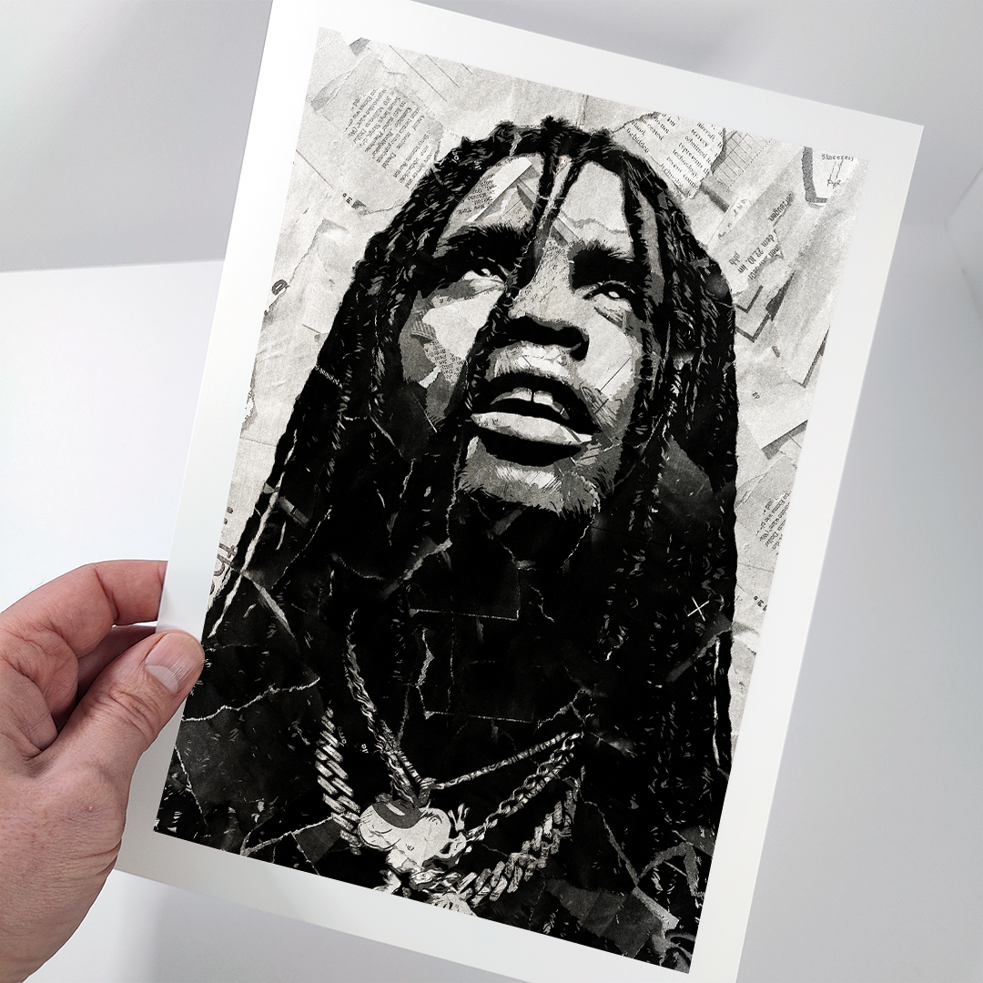 A Chief Keef poster design - a portrait of Chief Keef made using a collage of torn pieces of magazine pages in black and white.