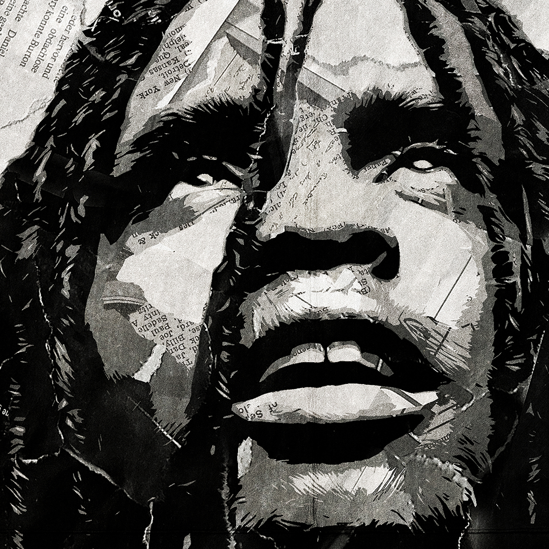 A Chief Keef poster design - a portrait of Chief Keef made using a collage of torn pieces of magazine pages in black and white.