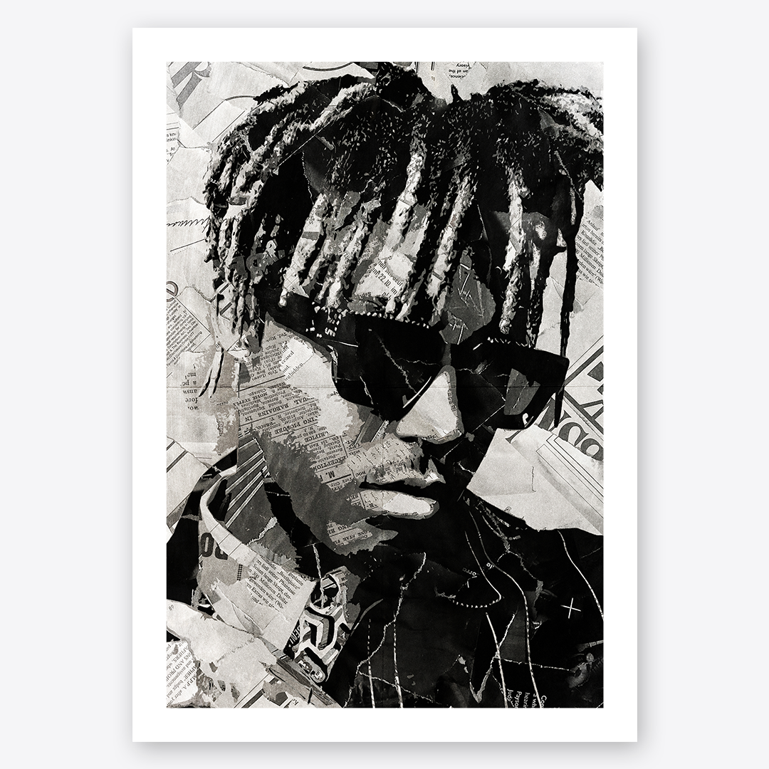 A Juice Wrld poster design - a portrait of Juice Wrld made using a collage of torn pieces of magazine pages in black and white.