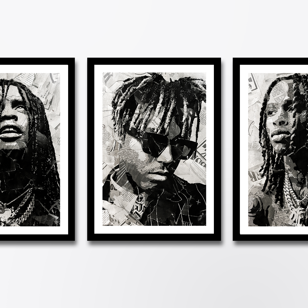 A Juice Wrld poster design - a portrait of Juice Wrld made using a collage of torn pieces of magazine pages in black and white.