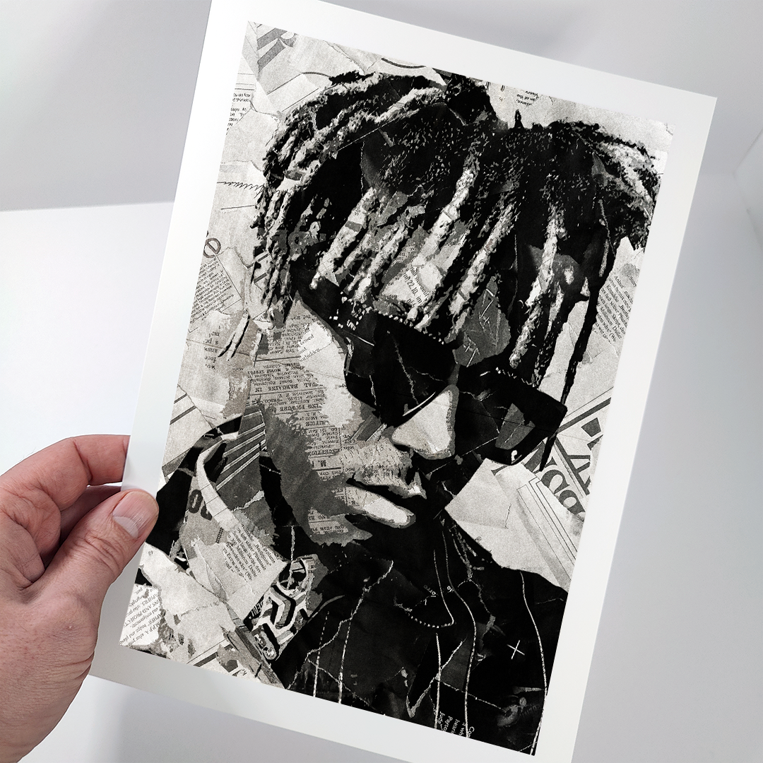 A Juice Wrld poster design - a portrait of Juice Wrld made using a collage of torn pieces of magazine pages in black and white.