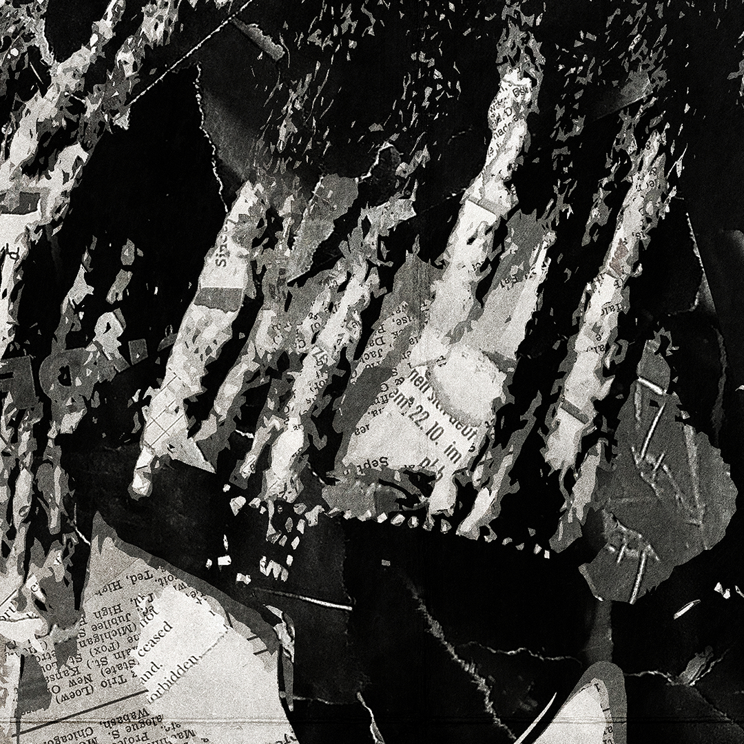 A Juice Wrld poster design - a portrait of Juice Wrld made using a collage of torn pieces of magazine pages in black and white.