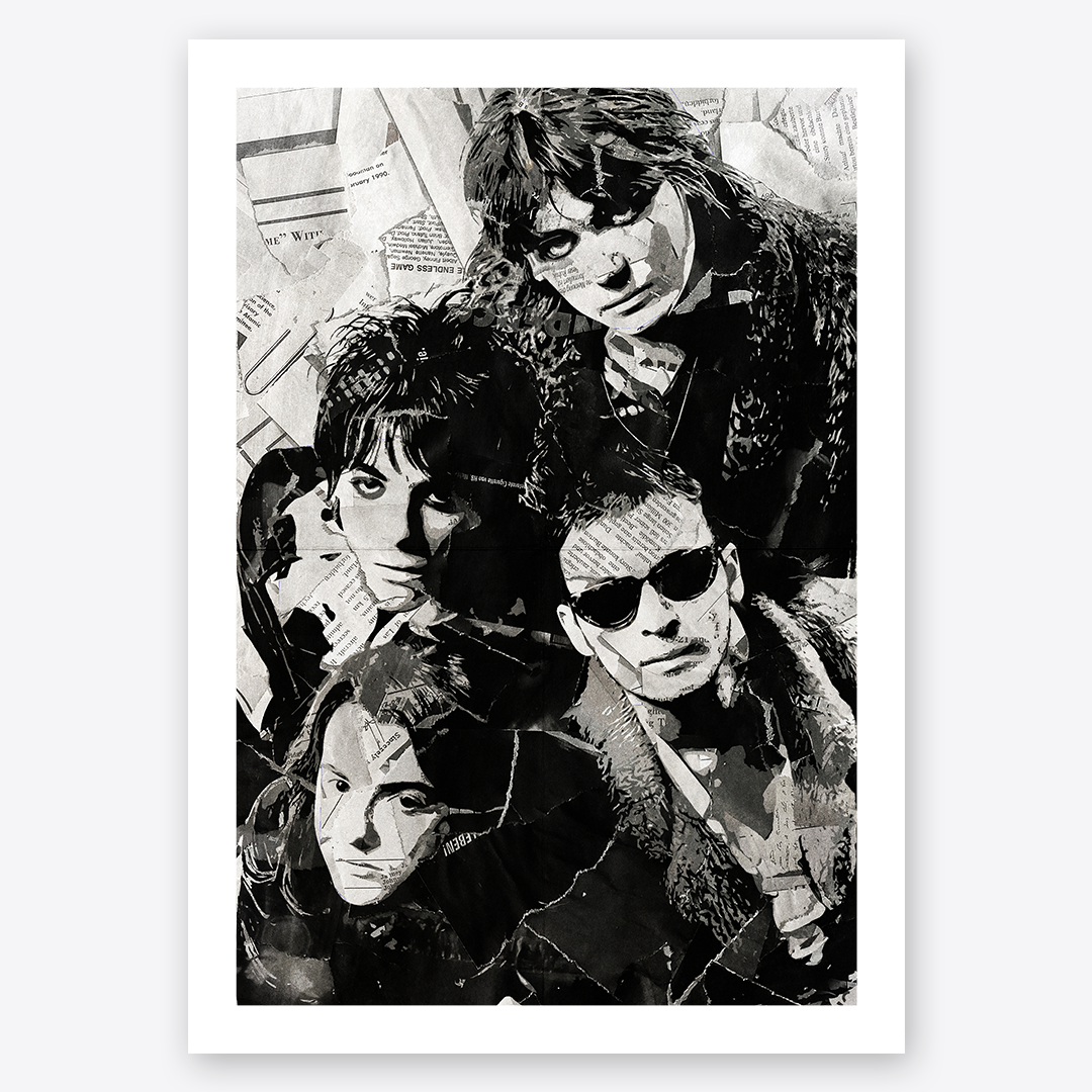 A Manic Street Preachers poster design - a portrait of The Manics made using a collage of torn pieces of magazine pages in black and white.