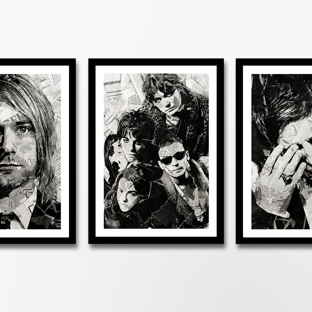 A Manic Street Preachers poster design - a portrait of The Manics made using a collage of torn pieces of magazine pages in black and white.