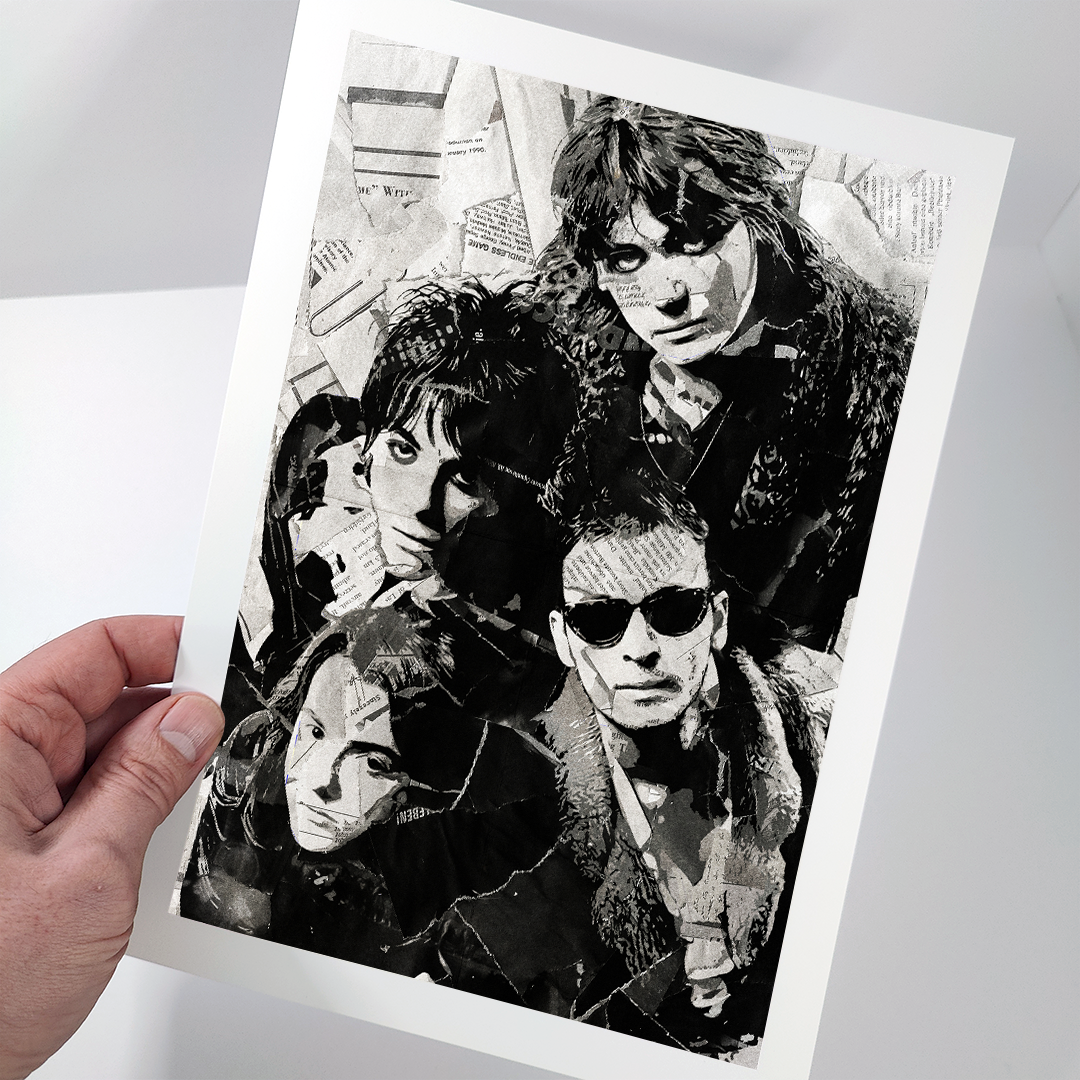 A Manic Street Preachers poster design - a portrait of The Manics made using a collage of torn pieces of magazine pages in black and white.
