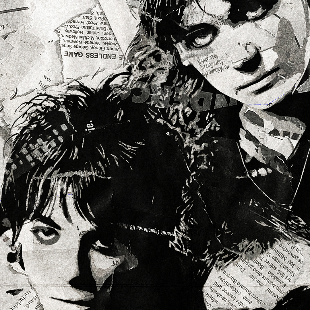 A Manic Street Preachers poster design - a portrait of The Manics made using a collage of torn pieces of magazine pages in black and white.