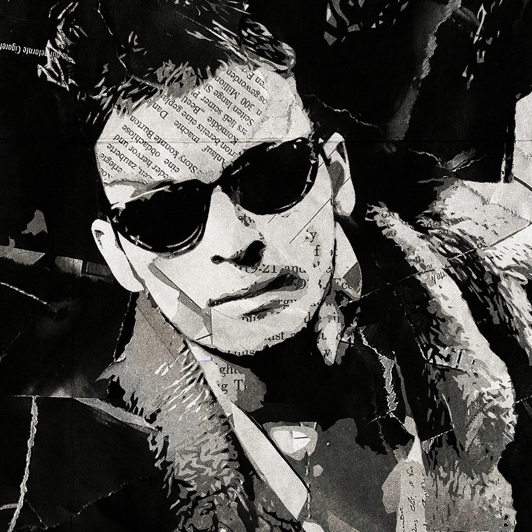 A Manic Street Preachers poster design - a portrait of The Manics made using a collage of torn pieces of magazine pages in black and white.