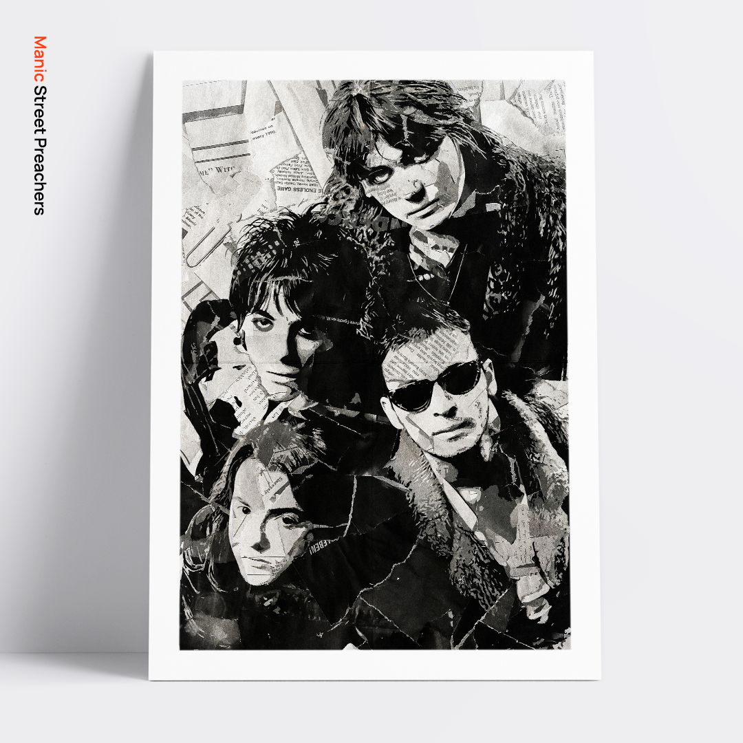 A Manic Street Preachers poster design - a portrait of The Manics made using a collage of torn pieces of magazine pages in black and white.