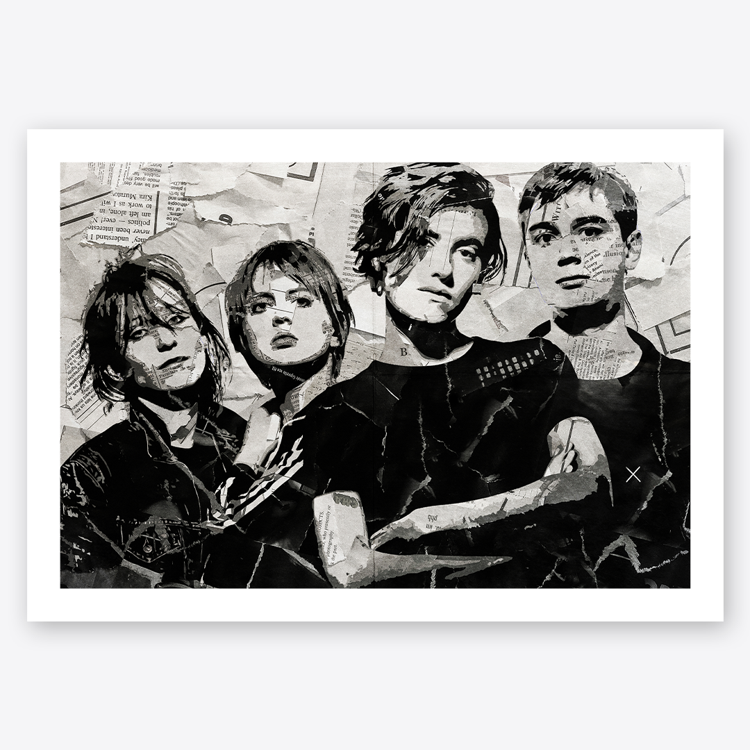 An Elastica poster design - a portrait of Elastica made using a collage of torn pieces of magazine pages in black and white.