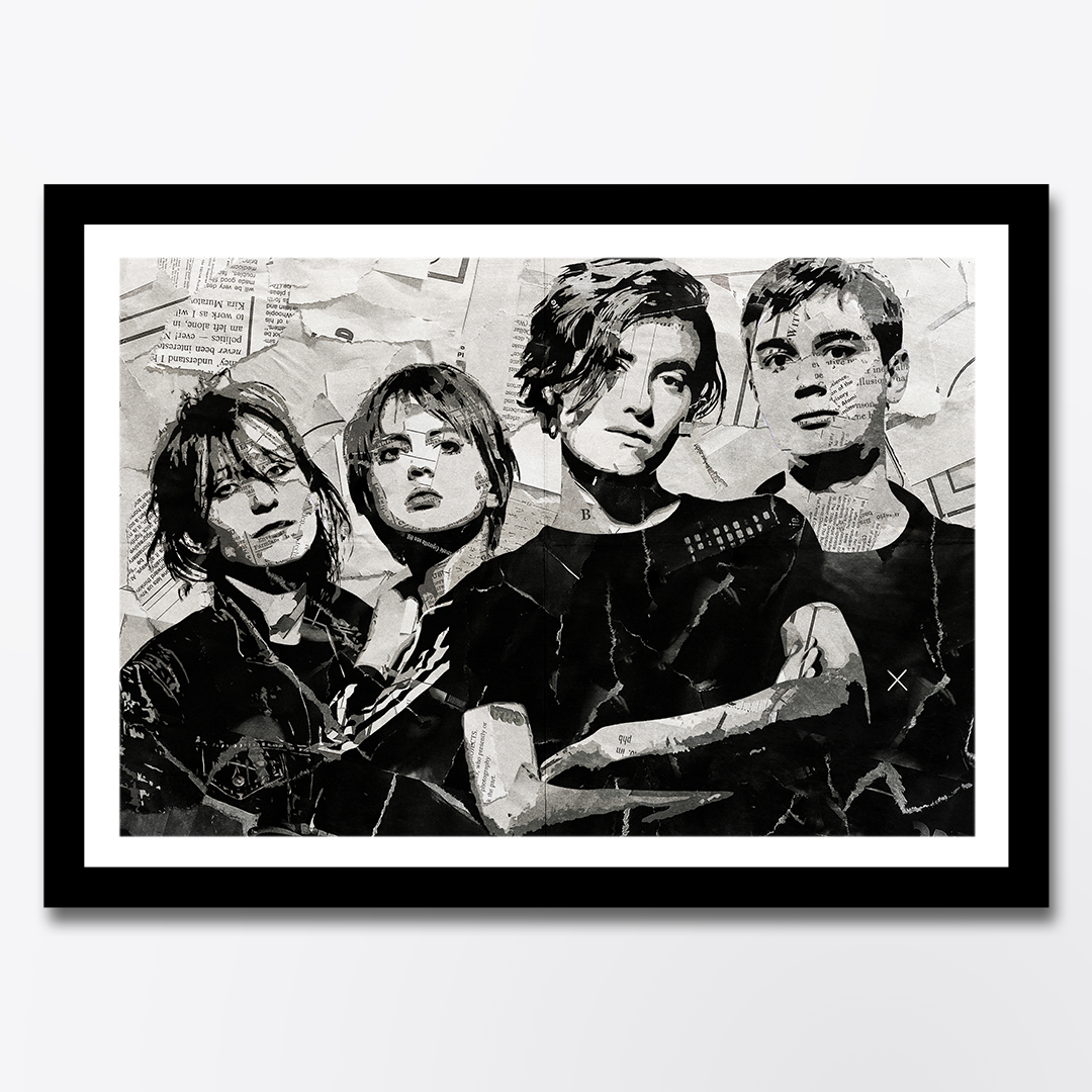 An Elastica poster design - a portrait of Elastica made using a collage of torn pieces of magazine pages in black and white.