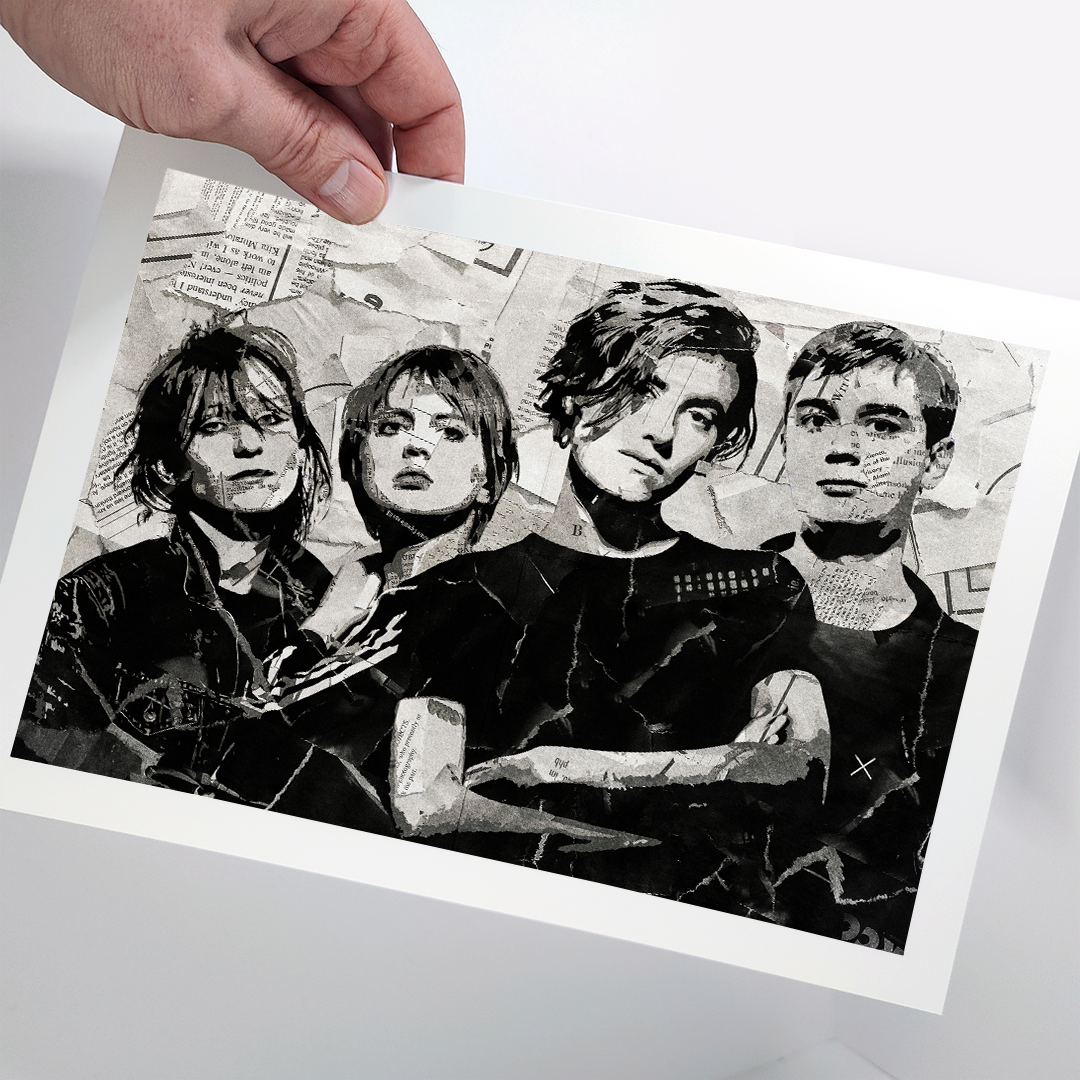 An Elastica poster design - a portrait of Elastica made using a collage of torn pieces of magazine pages in black and white.