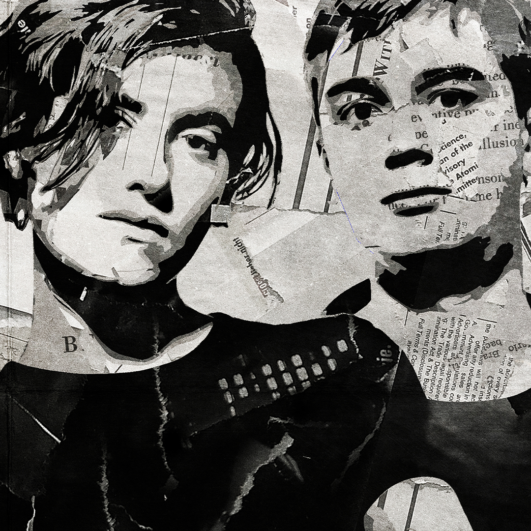An Elastica poster design - a portrait of Elastica made using a collage of torn pieces of magazine pages in black and white.