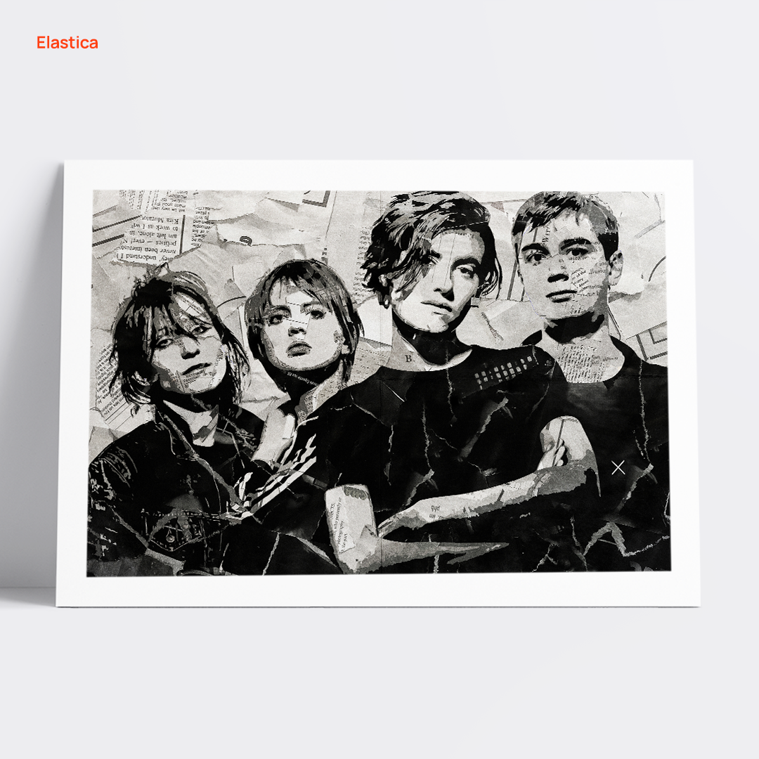 An Elastica poster design - a portrait of Elastica made using a collage of torn pieces of magazine pages in black and white.
