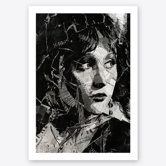 A Chappell Roan poster design - a portrait of Chappell Roan made using a collage of torn pieces of magazine pages in black and white.