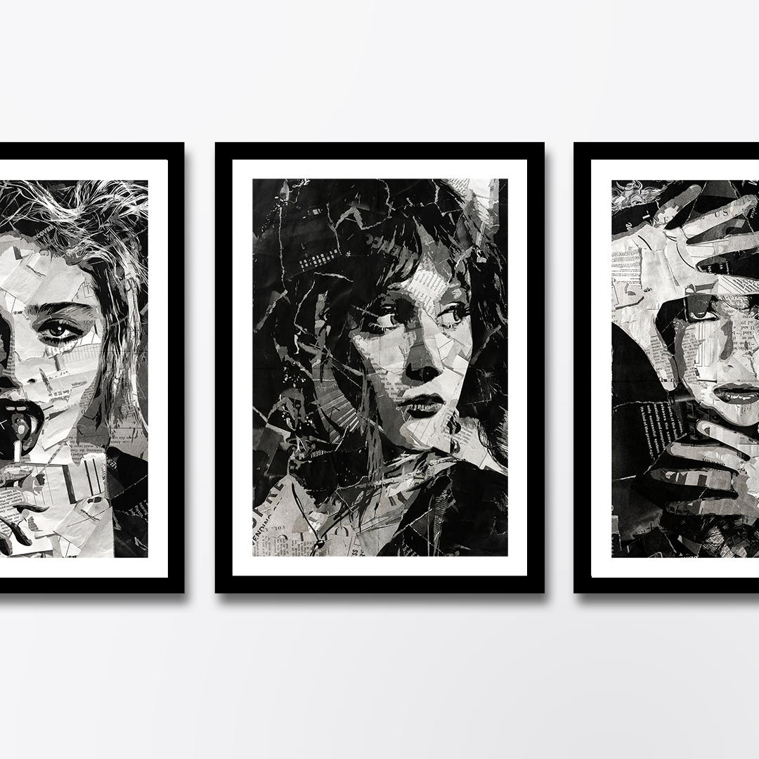 A Chappell Roan poster design - a portrait of Chappell Roan made using a collage of torn pieces of magazine pages in black and white.