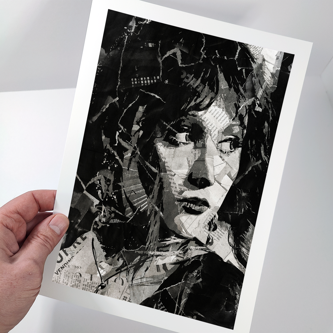 A Chappell Roan poster design - a portrait of Chappell Roan made using a collage of torn pieces of magazine pages in black and white.