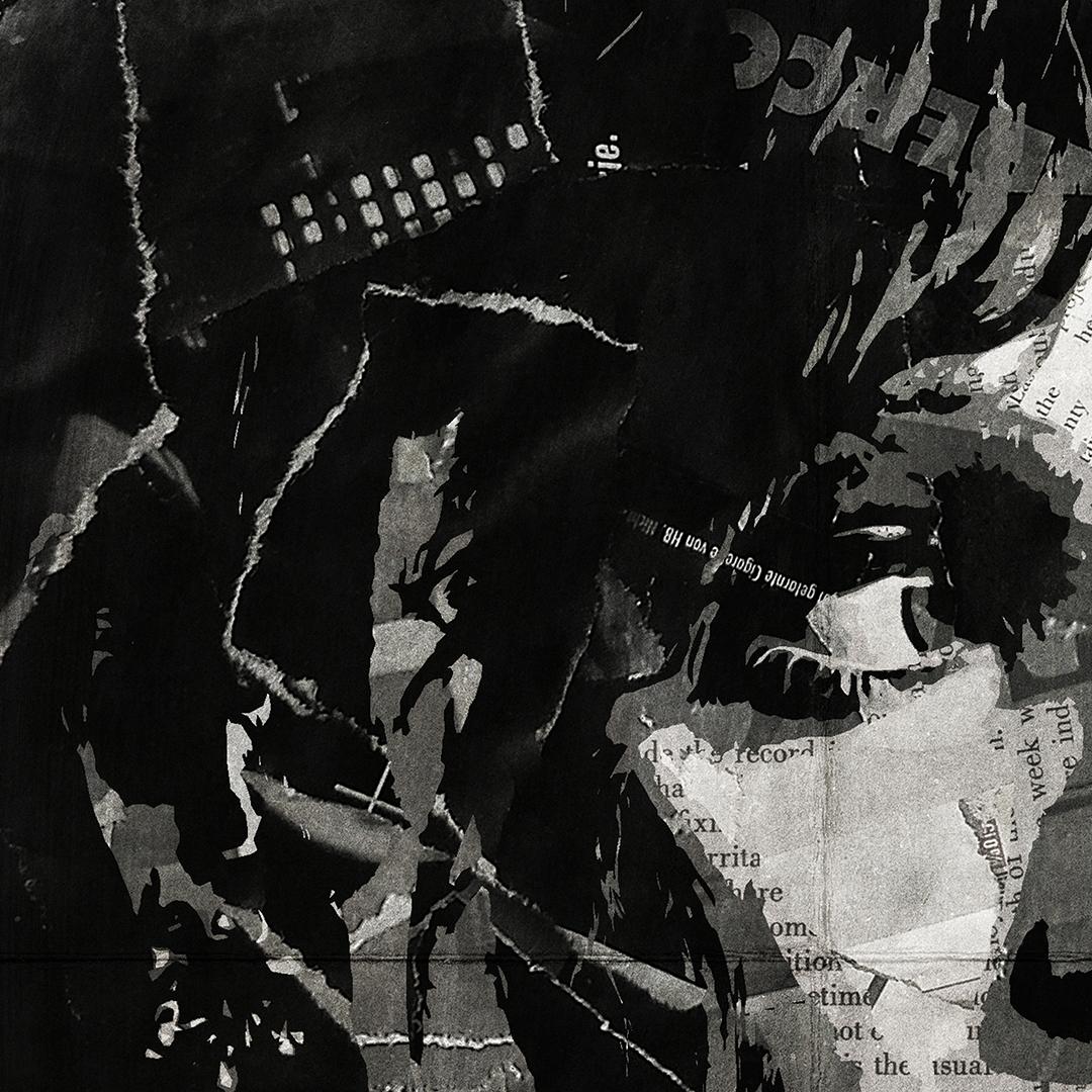 A Chappell Roan poster design - a portrait of Chappell Roan made using a collage of torn pieces of magazine pages in black and white.