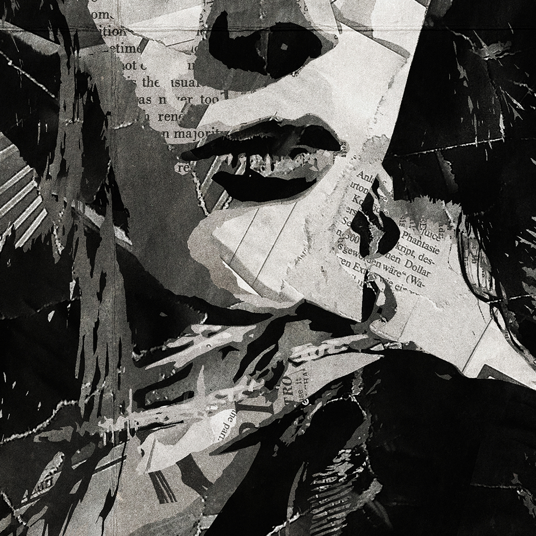 A Chappell Roan poster design - a portrait of Chappell Roan made using a collage of torn pieces of magazine pages in black and white.
