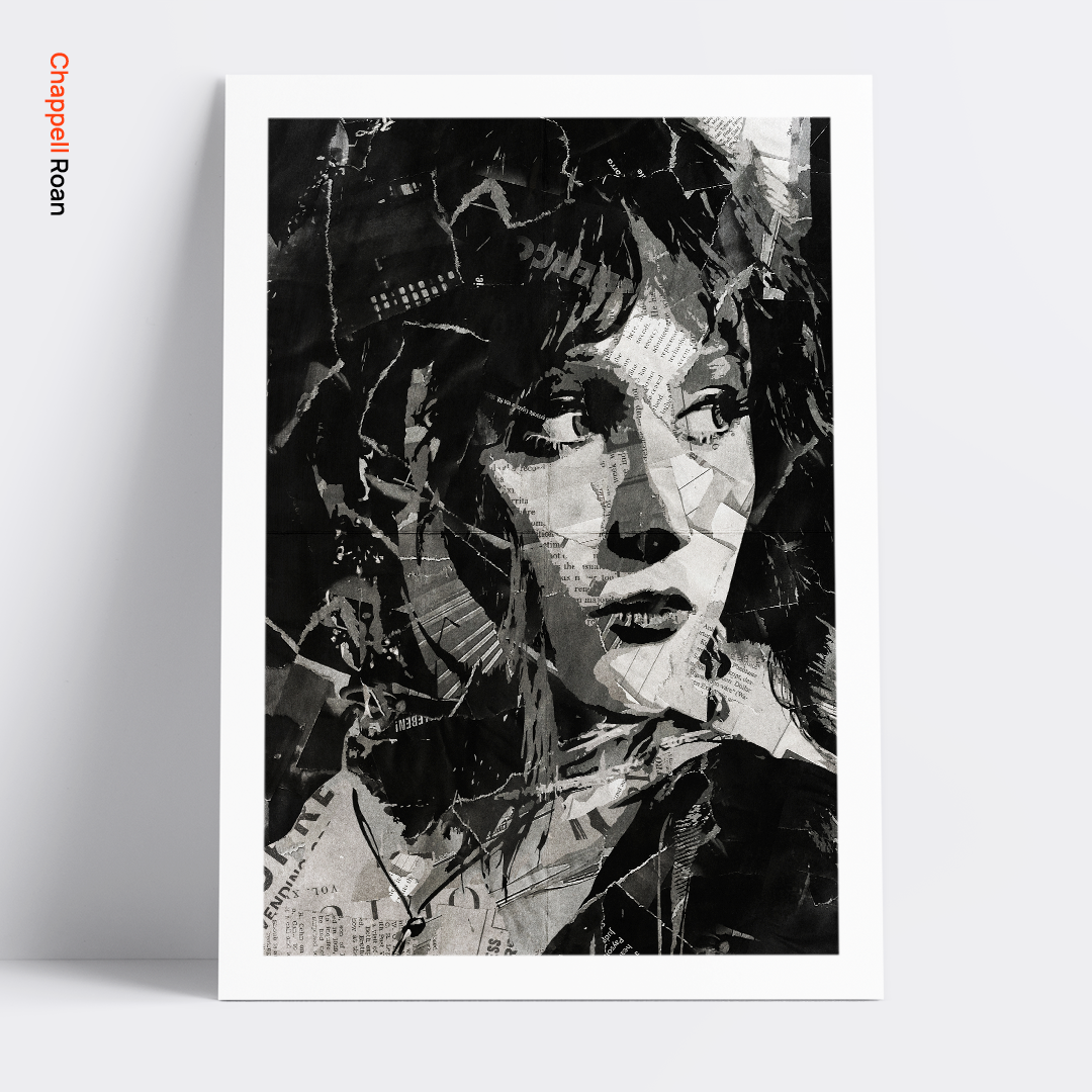 A Chappell Roan poster design - a portrait of Chappell Roan made using a collage of torn pieces of magazine pages in black and white.