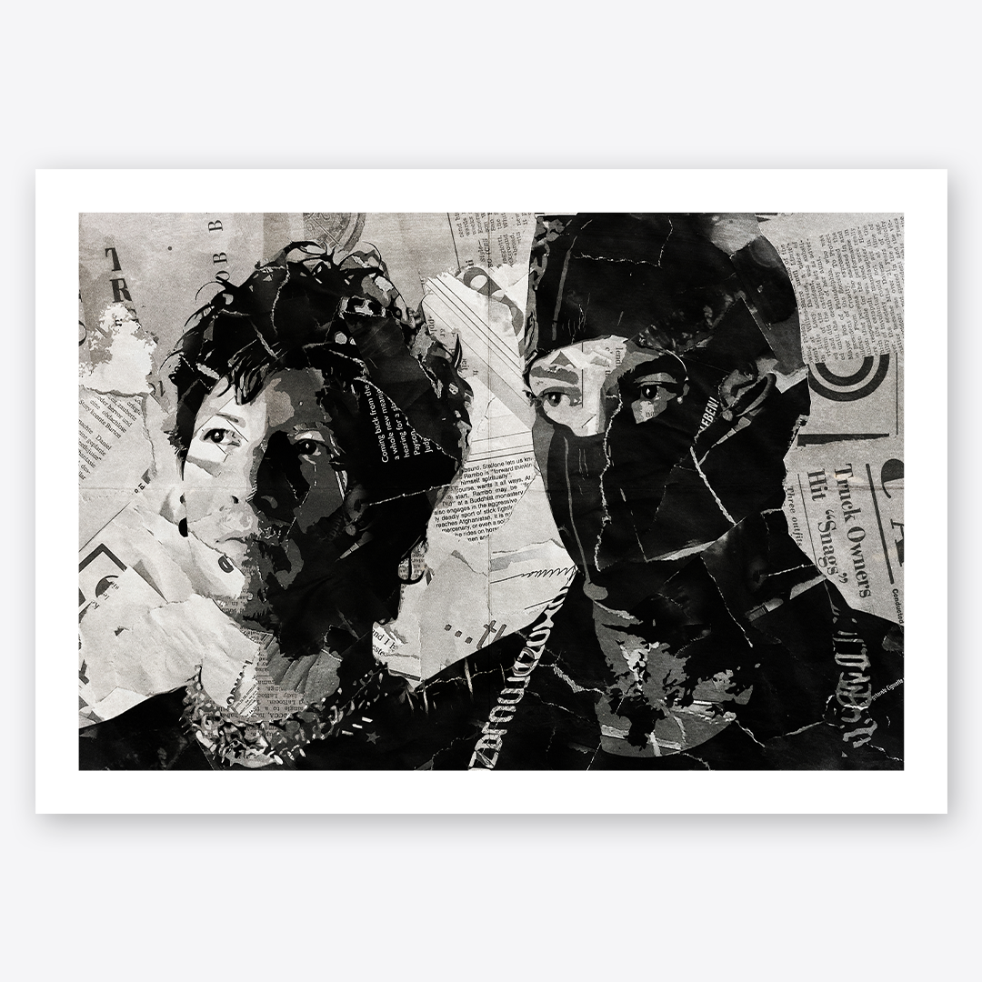 A Twenty One Pilots poster design - a portrait of Tyler Joseph & Josh Dun made using a collage of torn pieces of magazine pages in black and white.