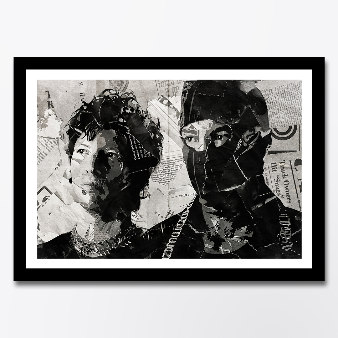 A Twenty One Pilots poster design - a portrait of Tyler Joseph & Josh Dun made using a collage of torn pieces of magazine pages in black and white.