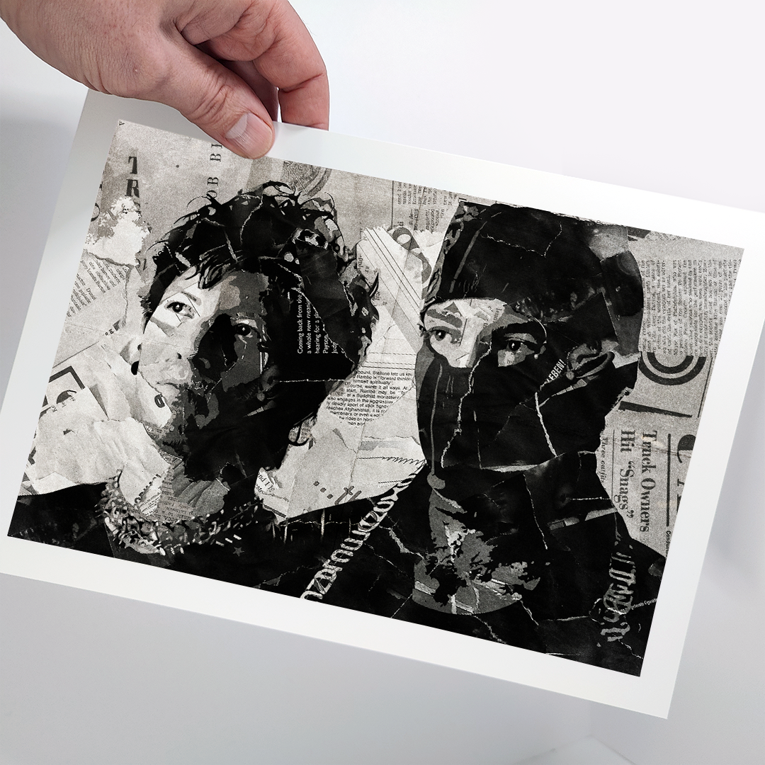 A Twenty One Pilots poster design - a portrait of Tyler Joseph & Josh Dun made using a collage of torn pieces of magazine pages in black and white.