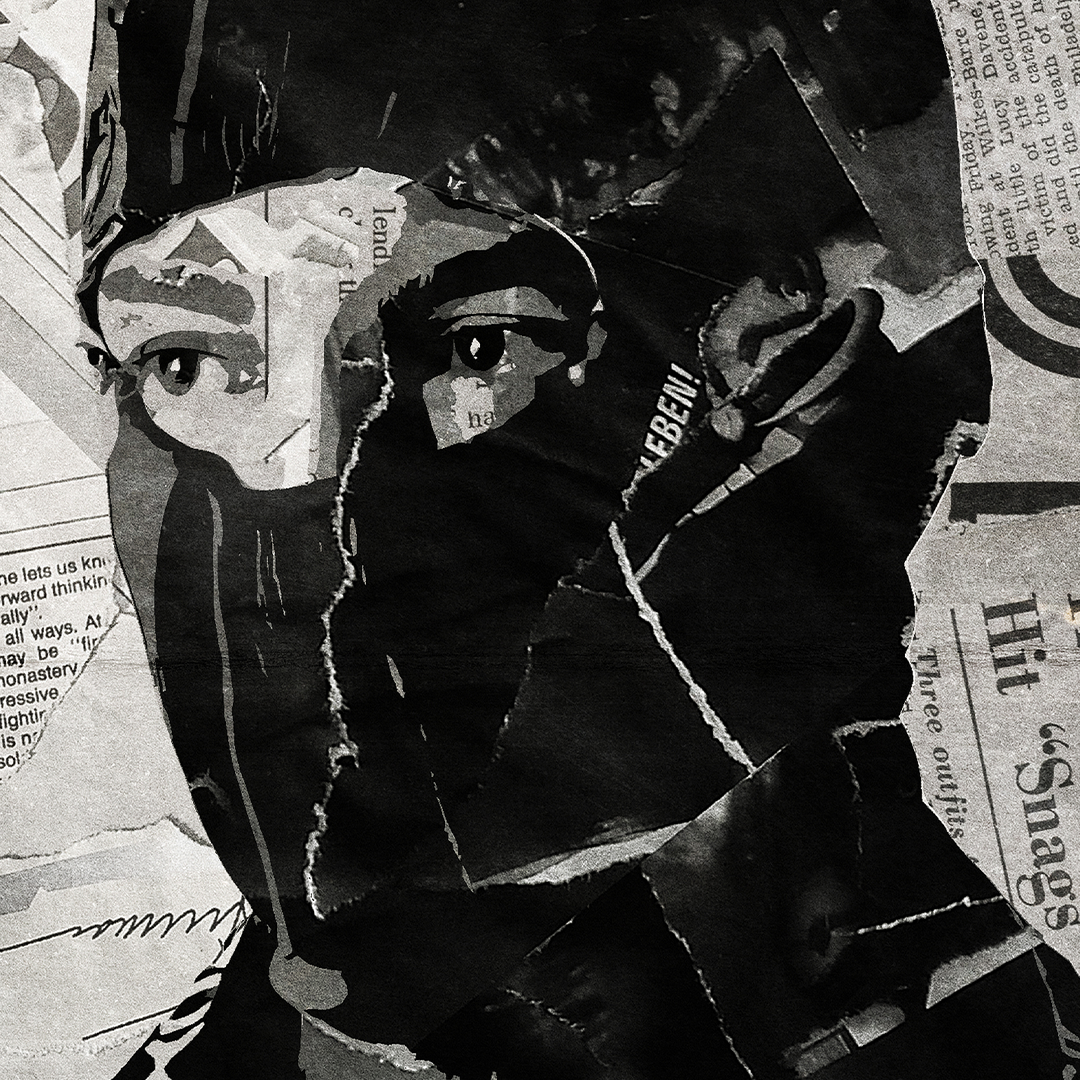 A Twenty One Pilots poster design - a portrait of Tyler Joseph & Josh Dun made using a collage of torn pieces of magazine pages in black and white.