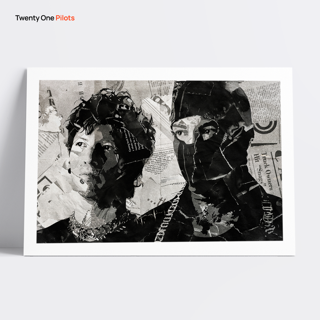 A Twenty One Pilots poster design - a portrait of Tyler Joseph & Josh Dun made using a collage of torn pieces of magazine pages in black and white.
