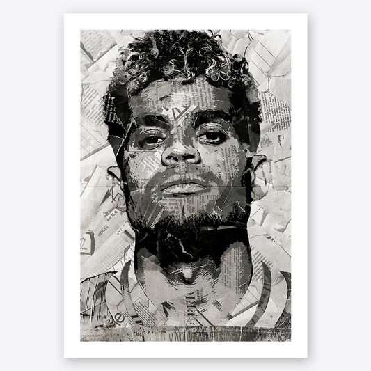 A Luis Diaz poster design - a portrait of Luis made using a collage of torn pieces of magazine pages in black and white.