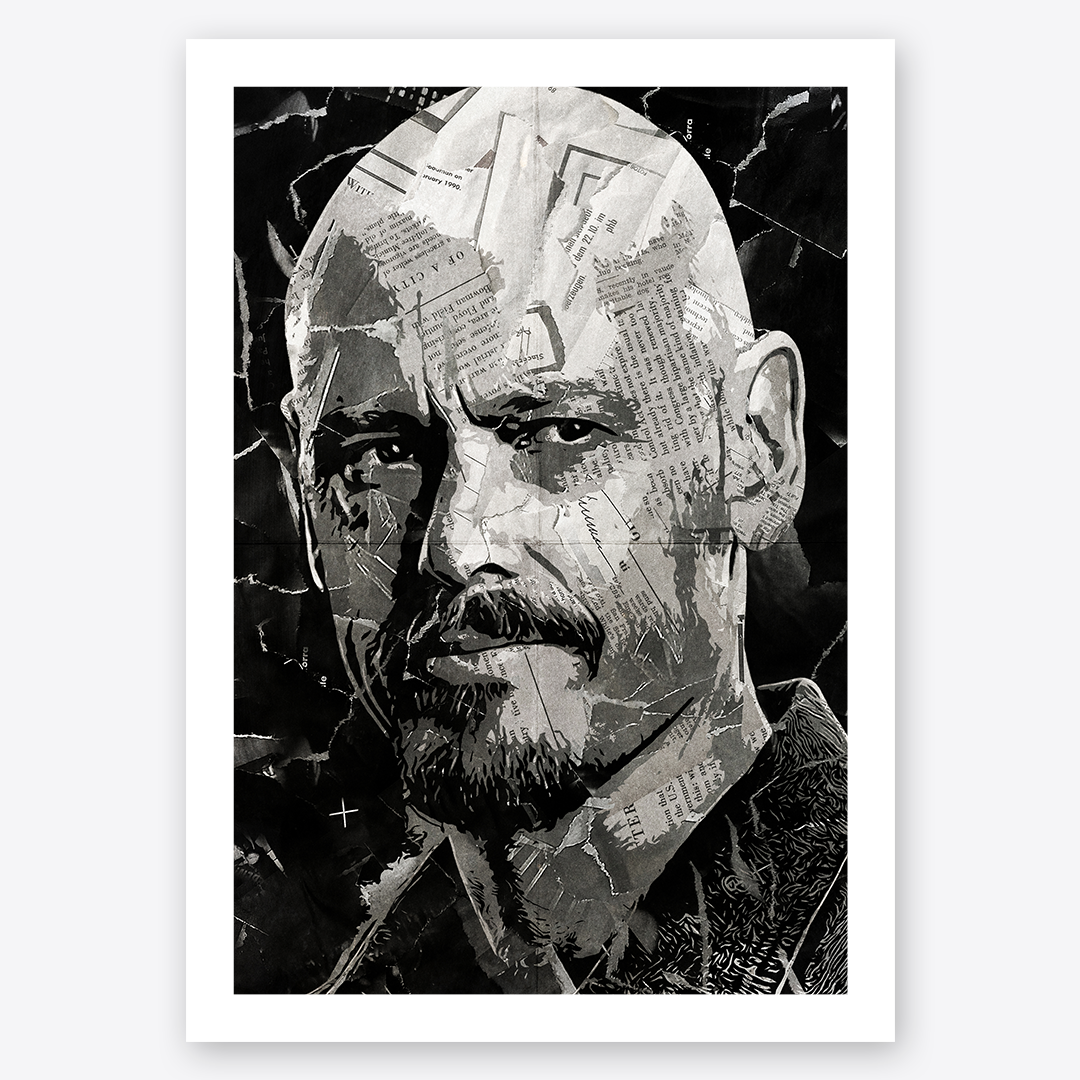 A Ray Shoesmith (Mr Inbetween)/ Scott Ryan poster design - a portrait of Ray made using a collage of torn pieces of magazine pages in black and white.