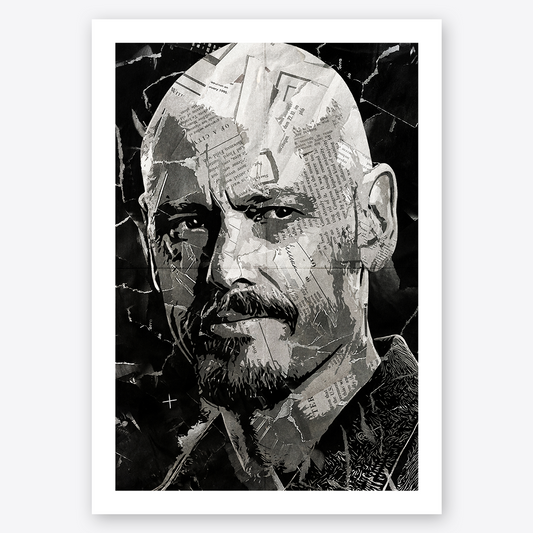 A Ray Shoesmith (Mr Inbetween)/ Scott Ryan poster design - a portrait of Ray made using a collage of torn pieces of magazine pages in black and white.