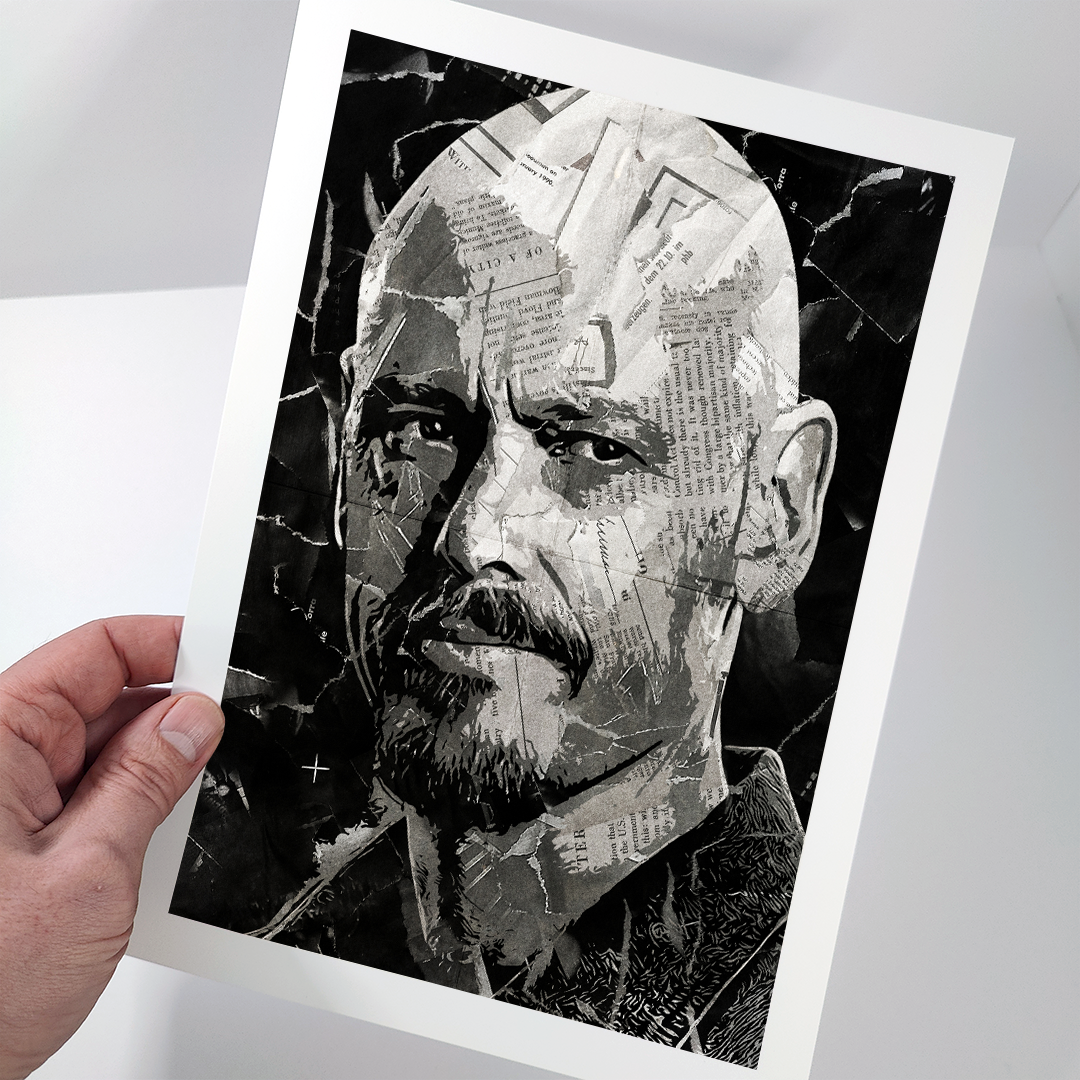 A Ray Shoesmith (Mr Inbetween)/ Scott Ryan poster design - a portrait of Ray made using a collage of torn pieces of magazine pages in black and white.