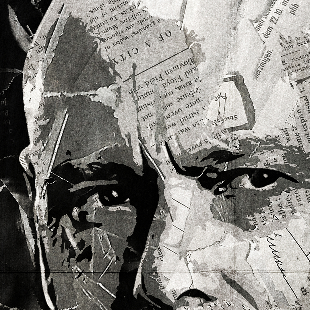 A Ray Shoesmith (Mr Inbetween)/ Scott Ryan poster design - a portrait of Ray made using a collage of torn pieces of magazine pages in black and white.