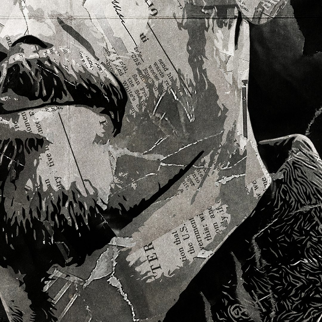 A Ray Shoesmith (Mr Inbetween)/ Scott Ryan poster design - a portrait of Ray made using a collage of torn pieces of magazine pages in black and white.