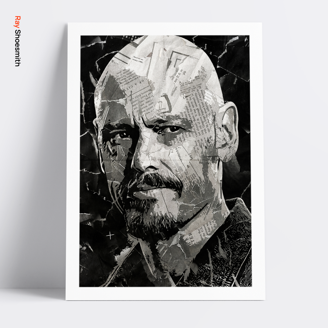 A Ray Shoesmith (Mr Inbetween)/ Scott Ryan poster design - a portrait of Ray made using a collage of torn pieces of magazine pages in black and white.
