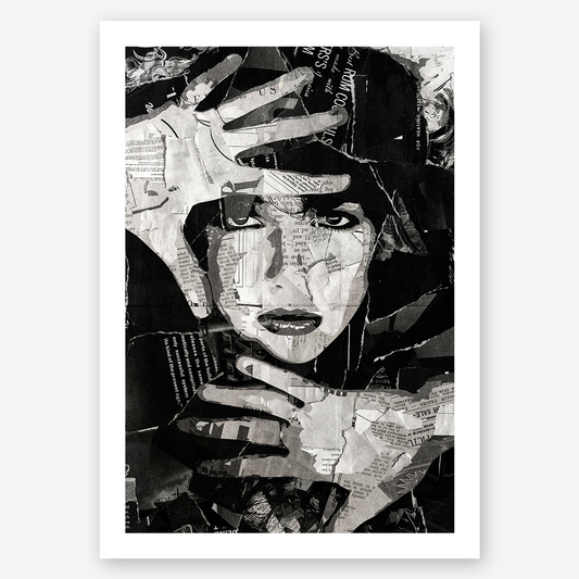 A Kate Bush poster design - a portrait of Kate made using a collage of torn pieces of magazine pages in black and white.