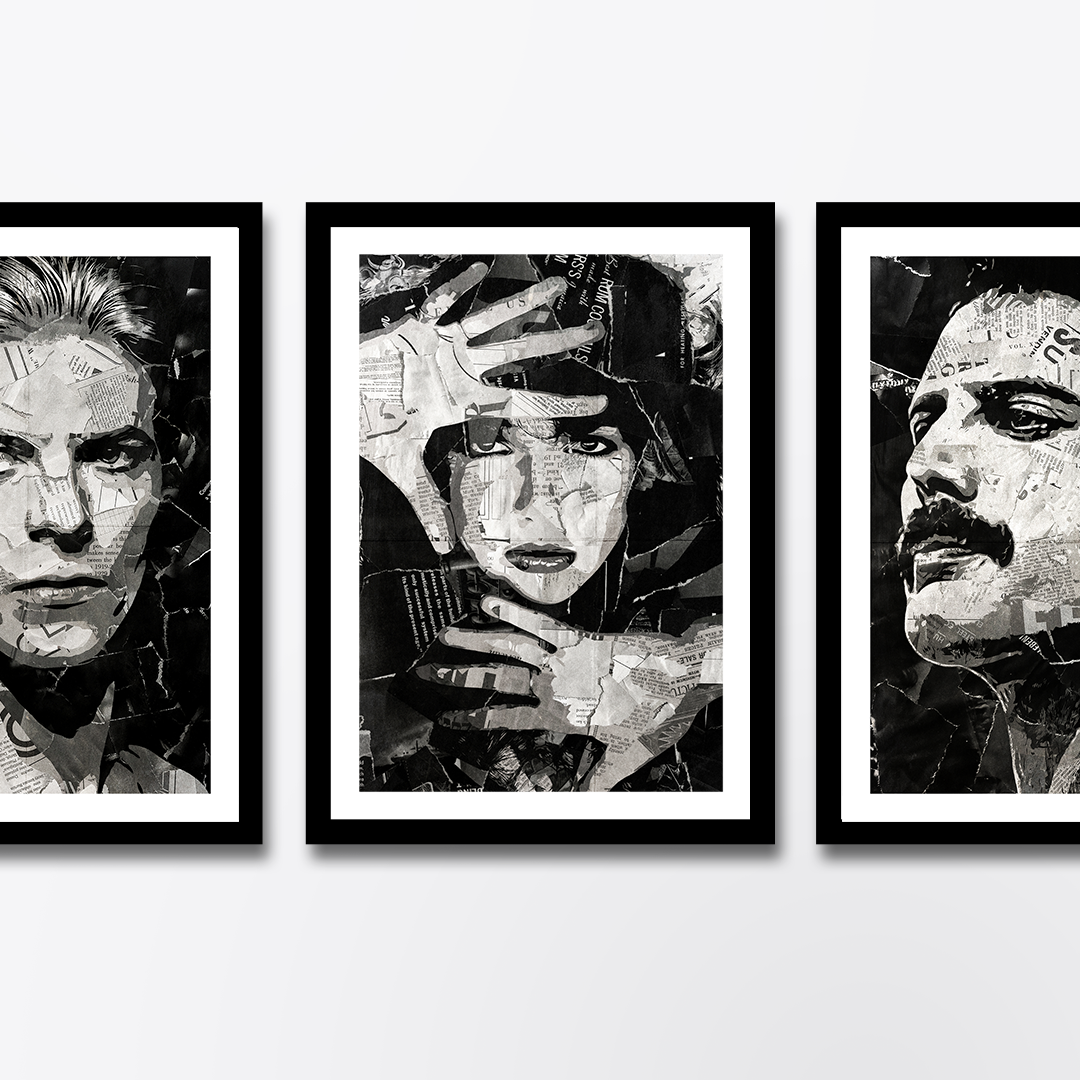 A Kate Bush poster design - a portrait of Kate made using a collage of torn pieces of magazine pages in black and white.