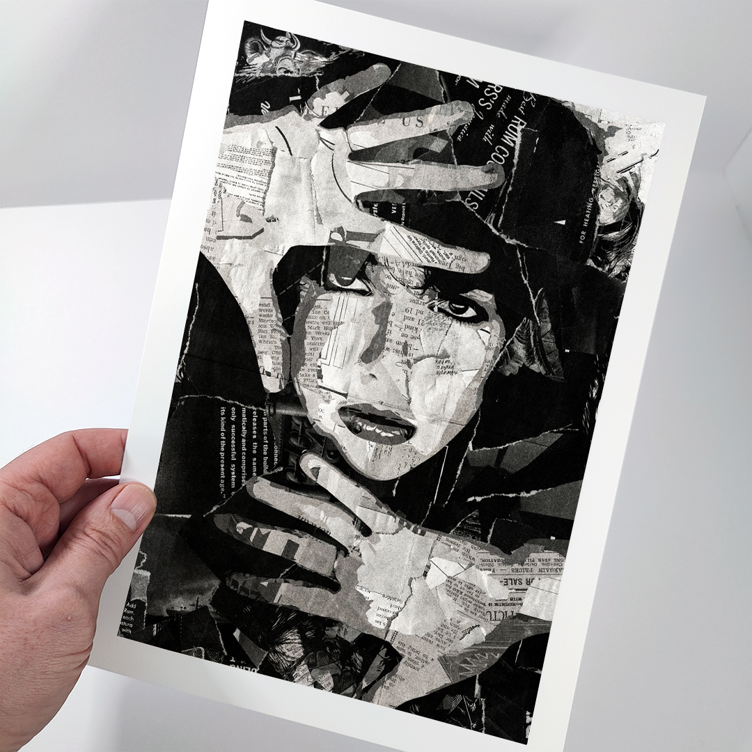 A Kate Bush poster design - a portrait of Kate made using a collage of torn pieces of magazine pages in black and white.