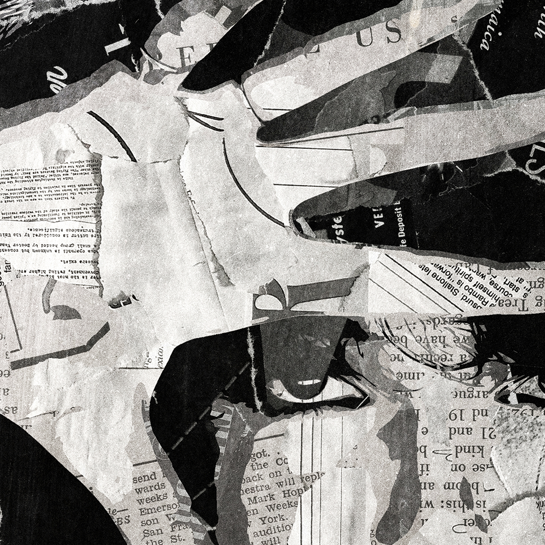 A Kate Bush poster design - a portrait of Kate made using a collage of torn pieces of magazine pages in black and white.