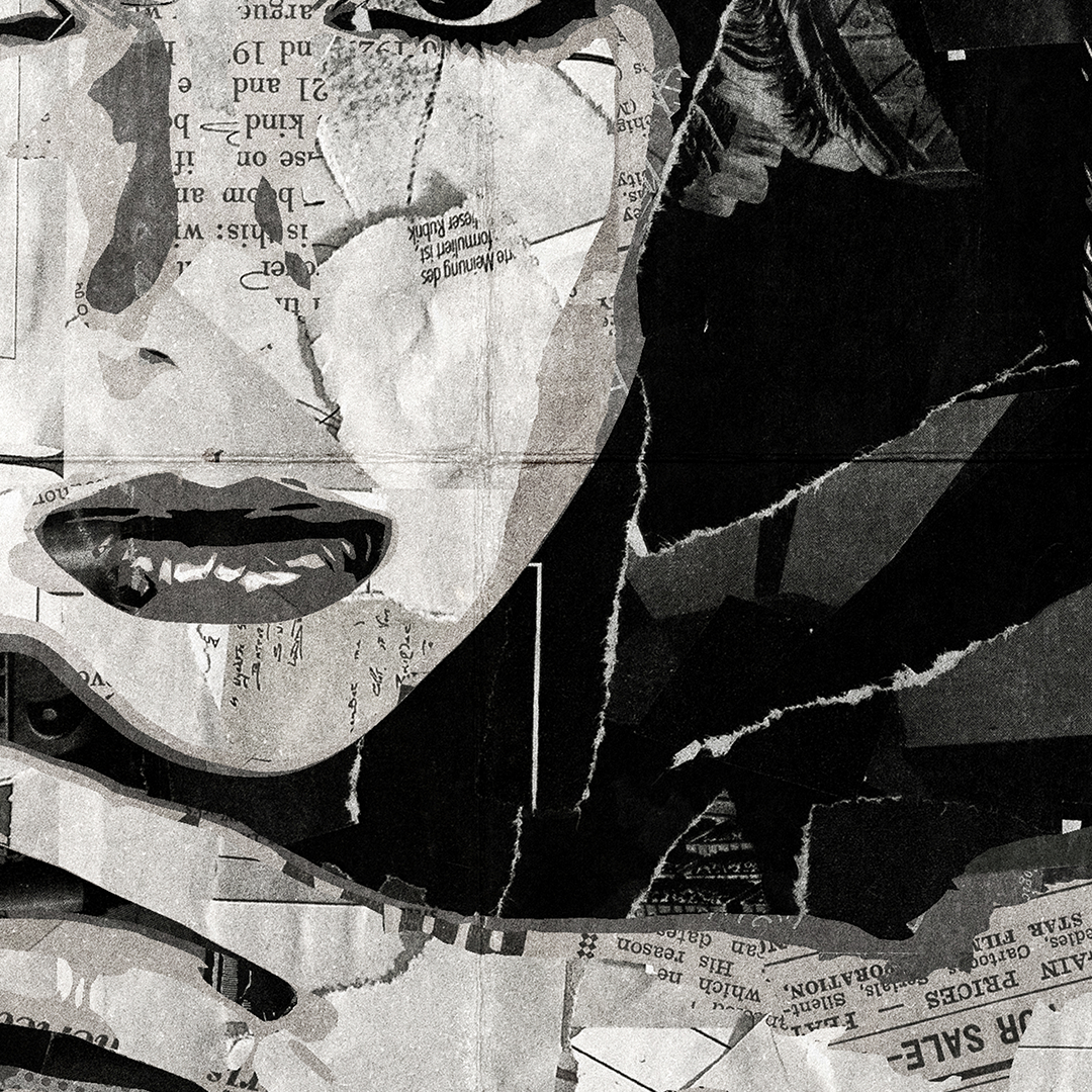 A Kate Bush poster design - a portrait of Kate made using a collage of torn pieces of magazine pages in black and white.
