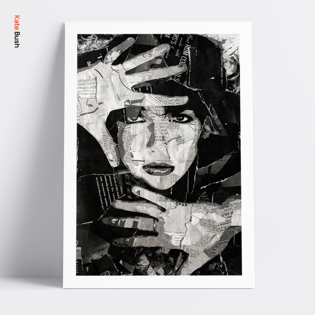 A Kate Bush poster design - a portrait of Kate made using a collage of torn pieces of magazine pages in black and white.