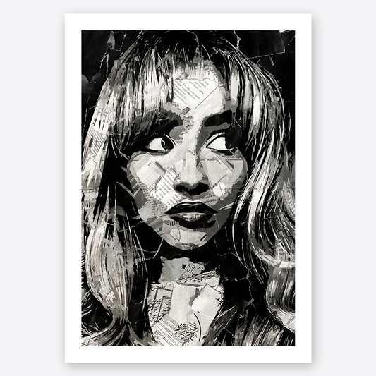 A Sabrina Carpenter poster design - a portrait of Sabrina made using a collage of torn pieces of magazine pages in black and white.